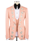 Peach/pink tuxedo jacket with rhinestone floral embroidery, bow tie and vest set