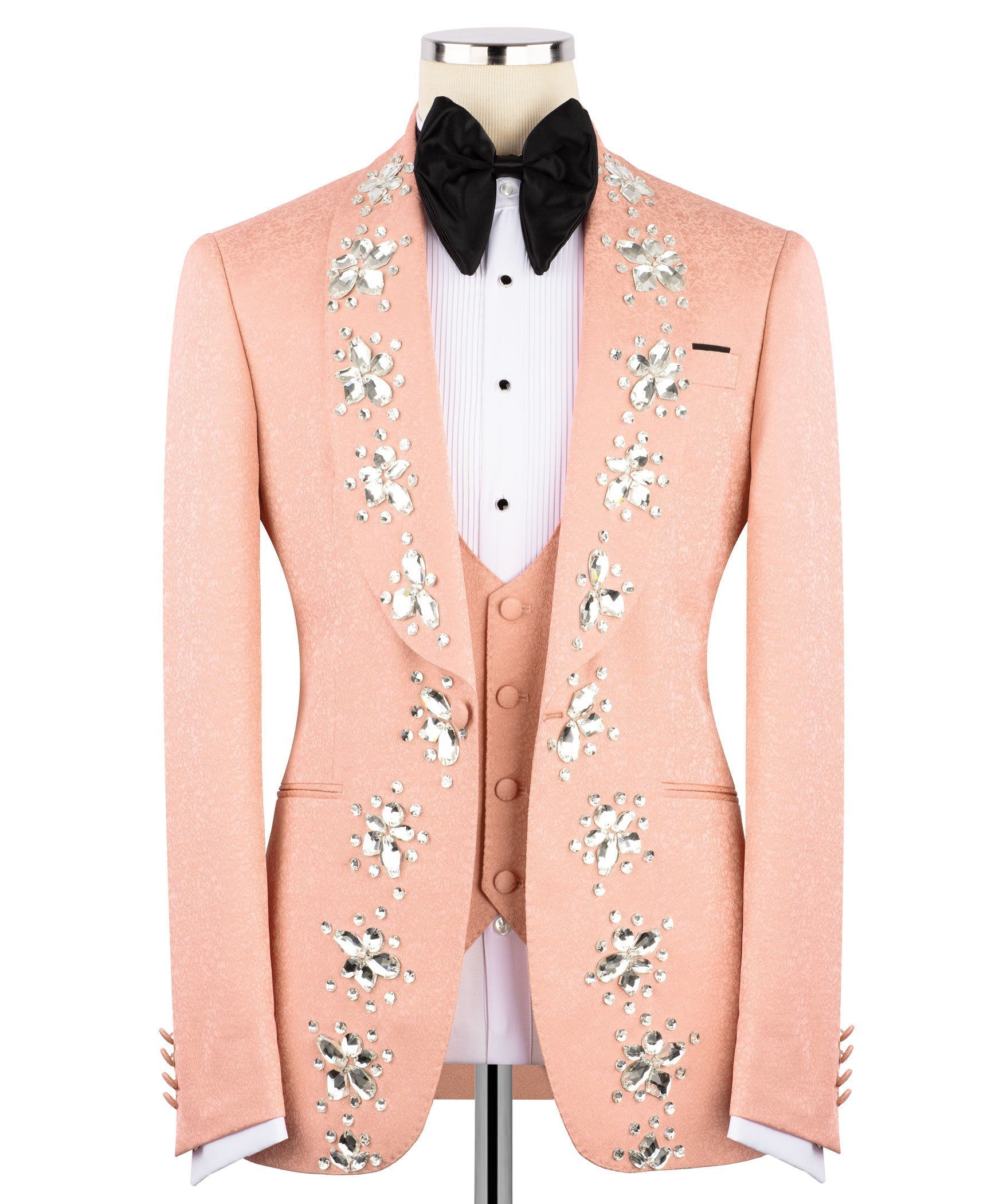 Peach/pink tuxedo jacket with rhinestone floral embroidery, bow tie and vest set