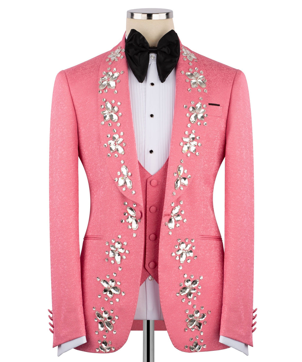 Pink crystal-embroidered tuxedo jacket, black bow tie, white pinstripe vest