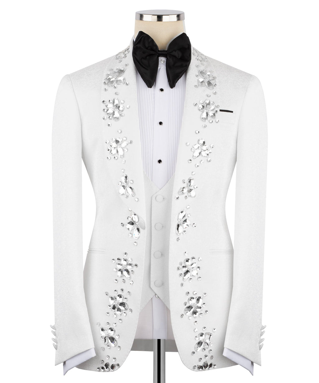 White tuxedo jacket with hand-embroidered rhinestone florals and black bow tie