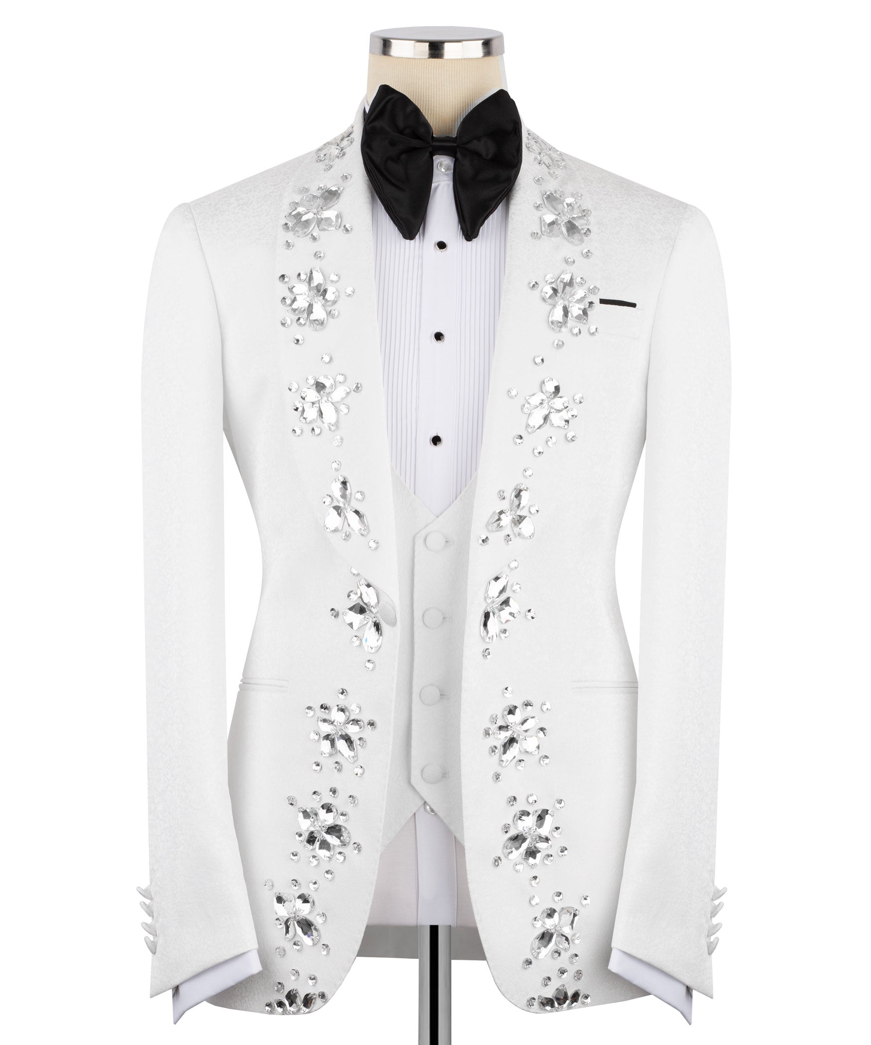 White tuxedo jacket with hand-embroidered rhinestone florals and black bow tie