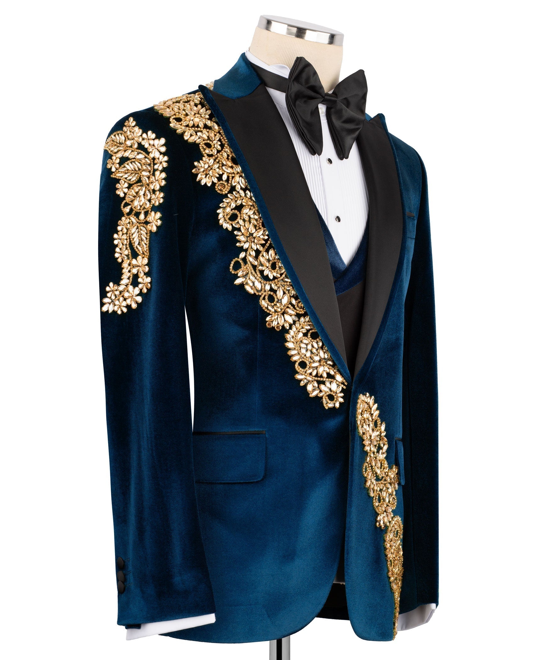 Front view: dark blue velvet tuxedo jacket, gold ornate trim on shoulders and sleeves, vest