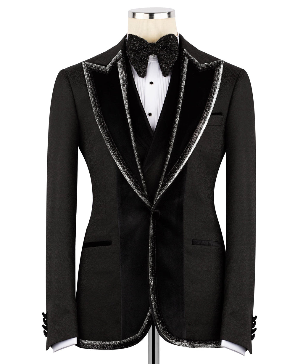 Black 3-piece tuxedo suit jacket with satin-trim lapels, bow collar, and waistcoat