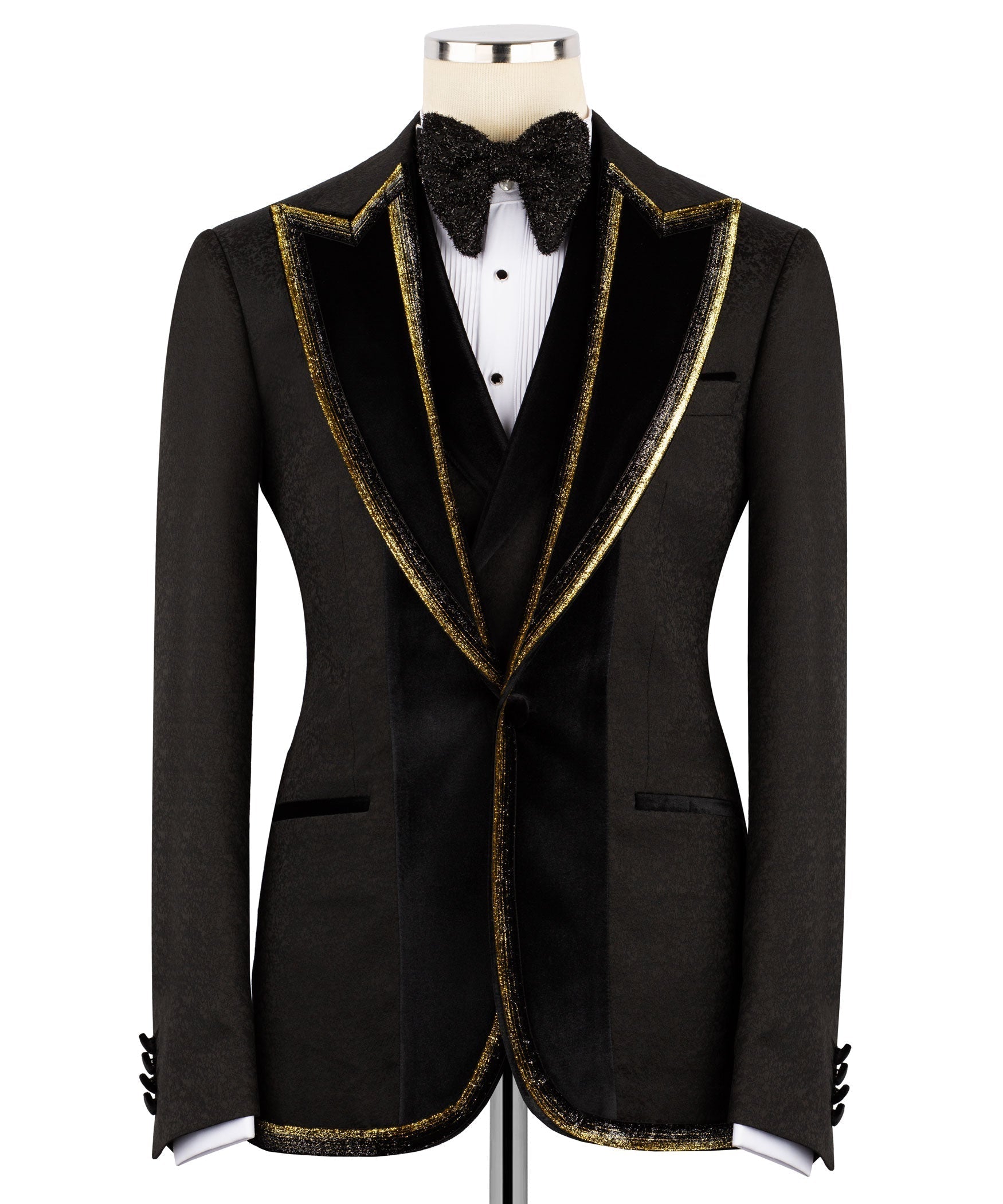 Black tuxedo jacket front view with gold piping and velvet collar