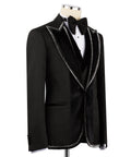 Side view black tuxedo jacket with velvet collar and silver-tone satin edge trim