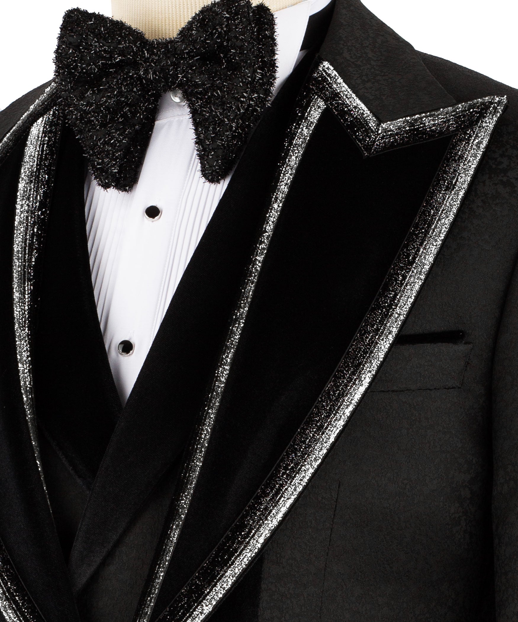 Close-up: black velvet tuxedo collar with stone detail and silver satin lapel trim