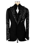 Black hand-embroidered tuxedo jacket with satin bow tie and patterned lapels