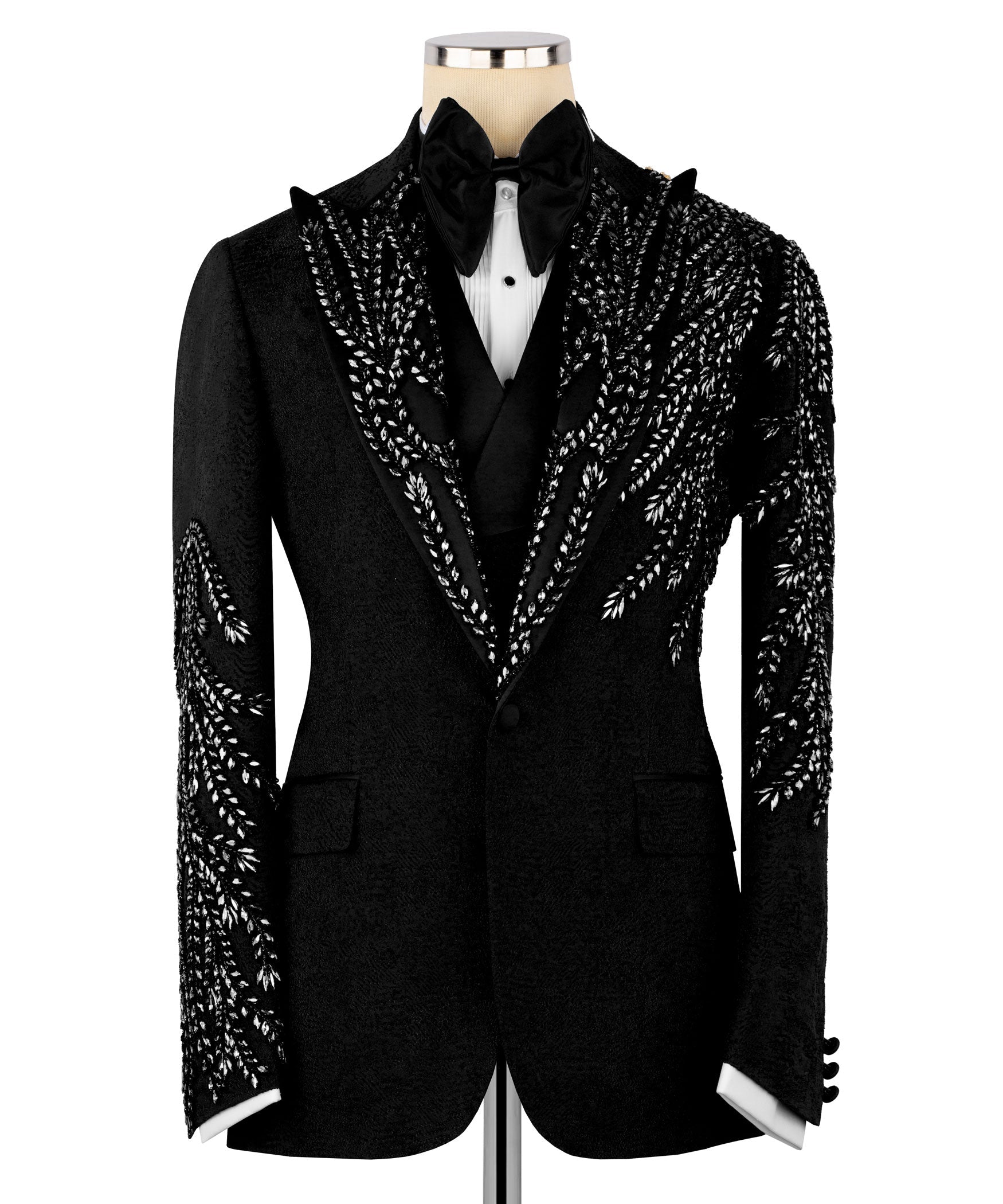 Black hand-embroidered tuxedo jacket with satin bow tie and patterned lapels