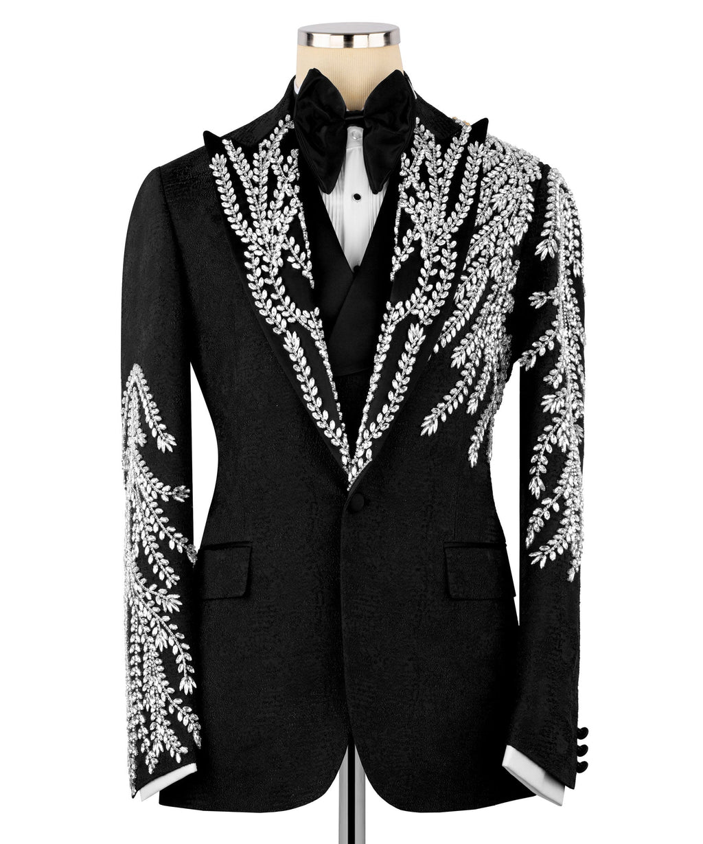 Black tuxedo jacket with silver embroidered leaf scrolls and satin bow tie