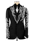 Black tuxedo jacket with silver embroidered leaf scrolls and satin bow tie