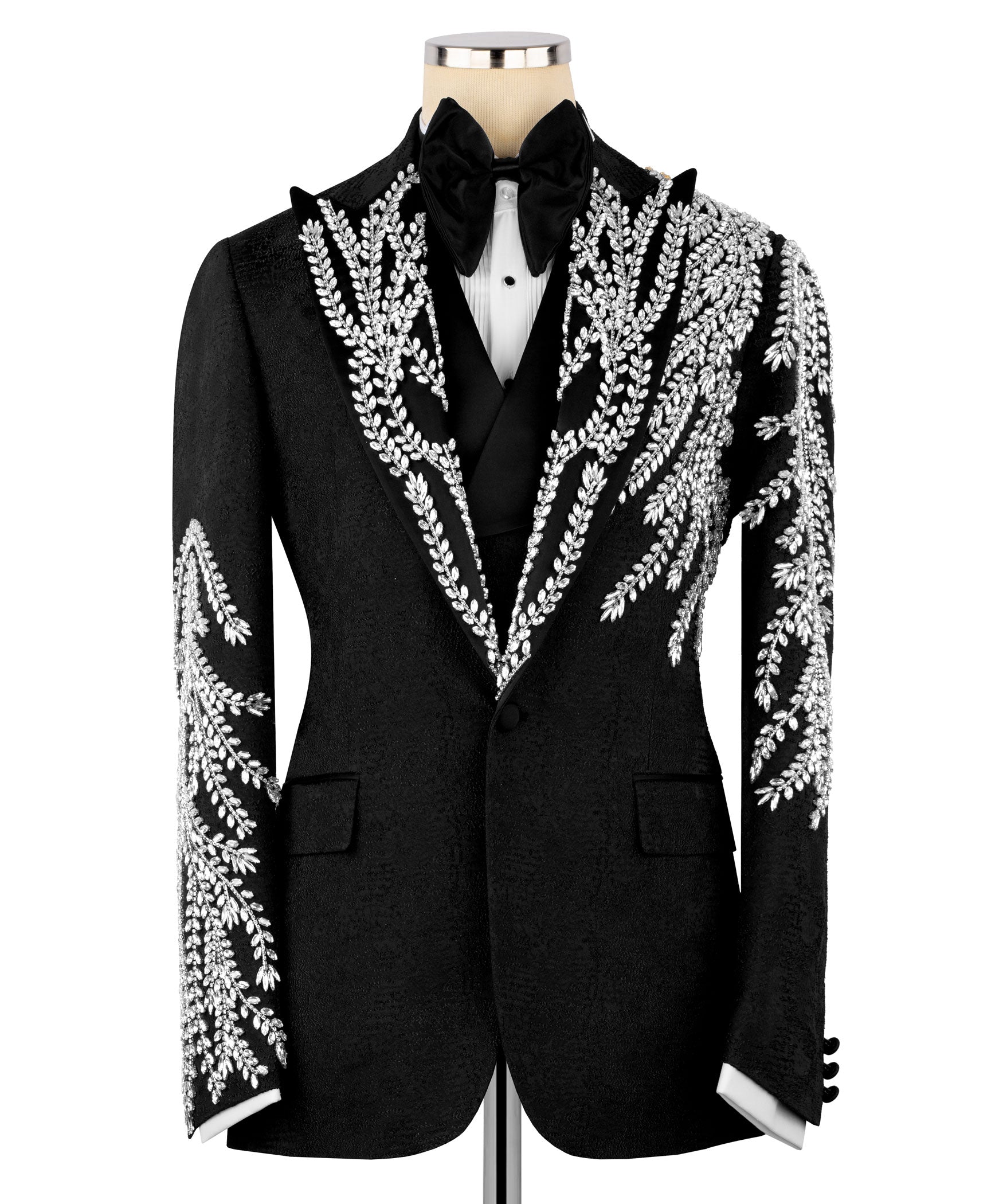 Black tuxedo jacket with silver embroidered leaf scrolls and satin bow tie