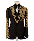 Black tuxedo jacket with gold embroidered lapels, crest trim and satin bow tie