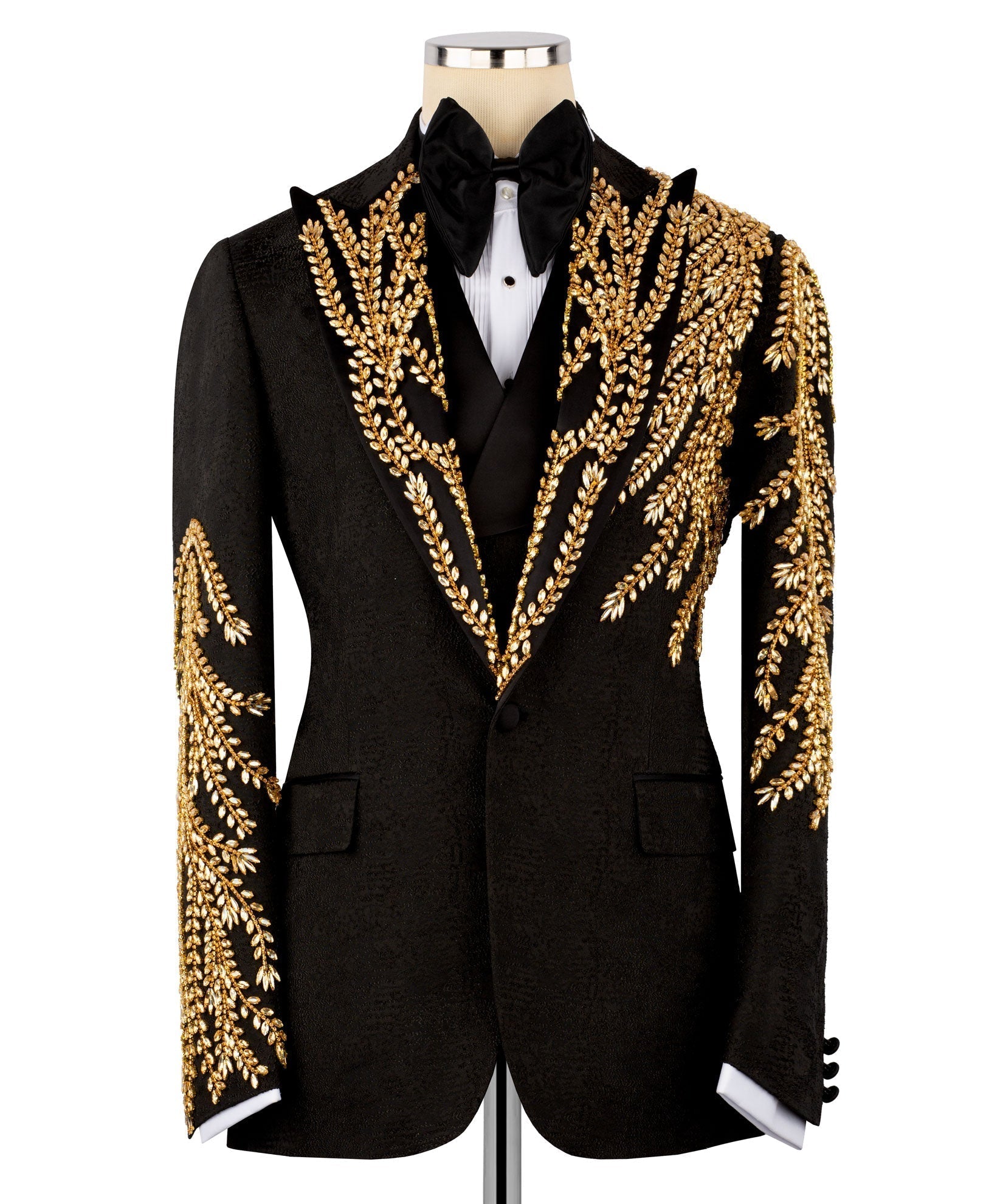 Black tuxedo jacket with gold embroidered lapels, crest trim and satin bow tie