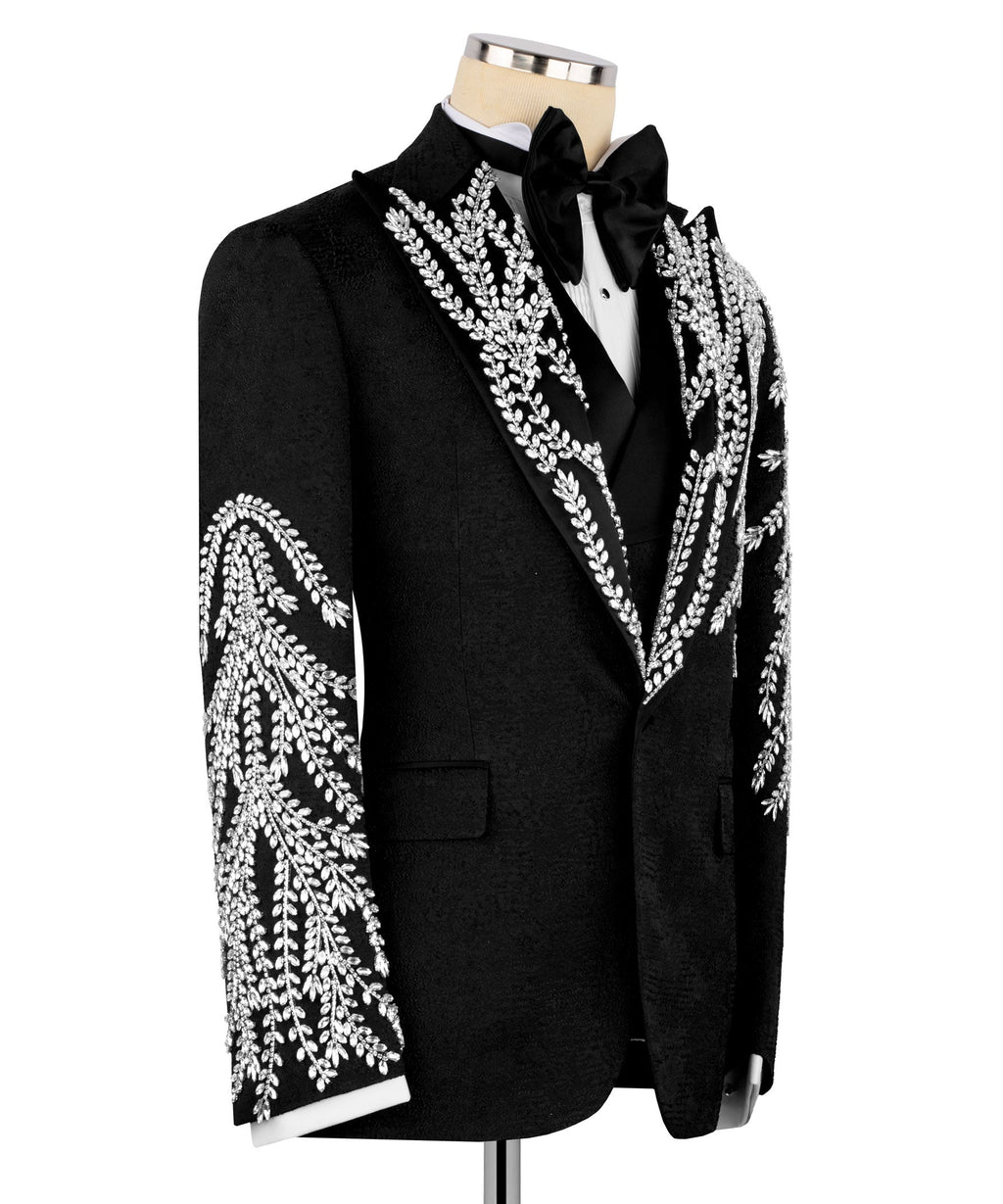 Black tuxedo jacket with silver embroidered sleeve detailing and V-lapel trim