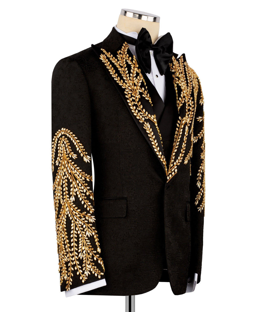 Front view black tuxedo jacket with gold embroidery accents and black satin bow tie