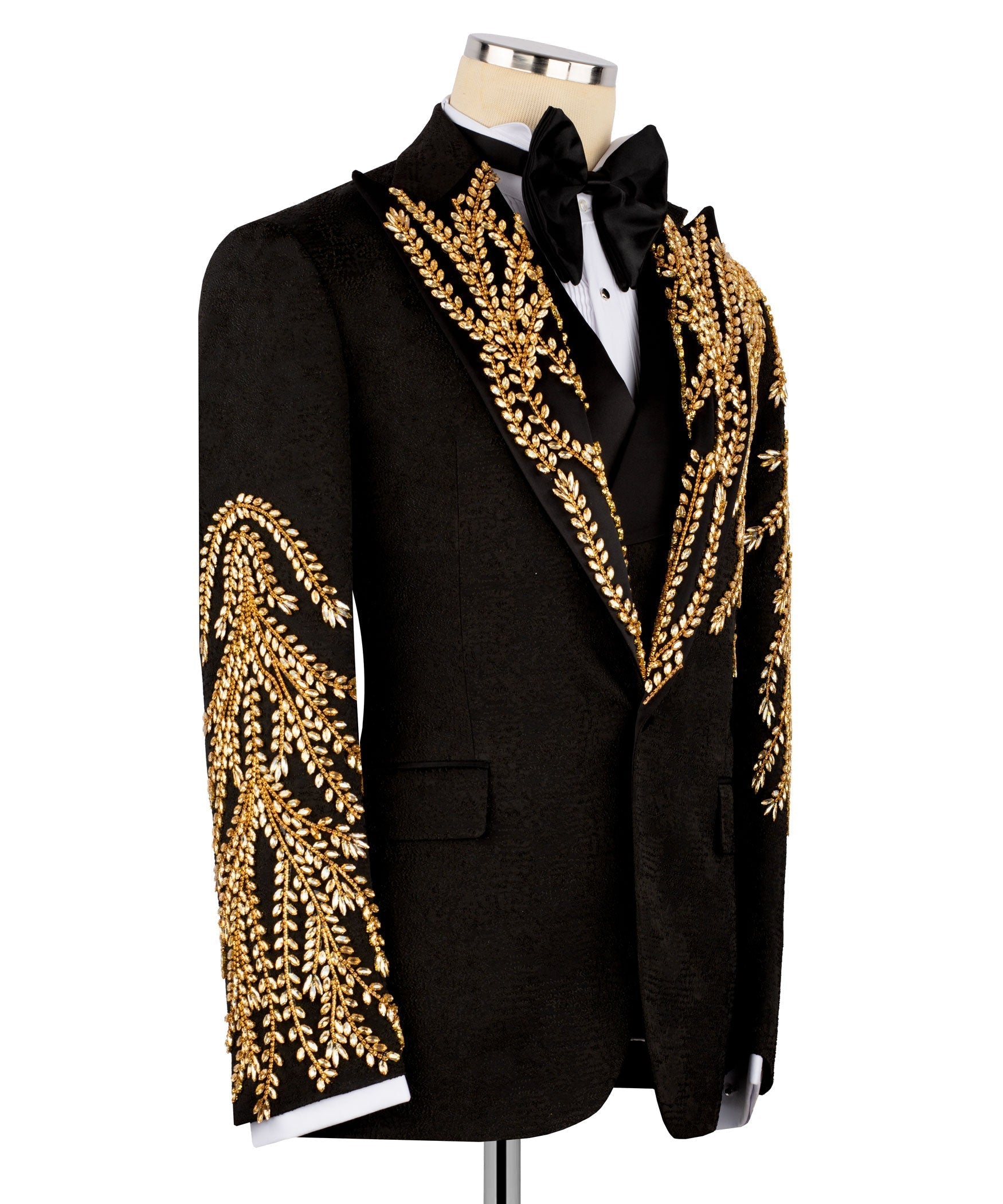Front view black tuxedo jacket with gold embroidery accents and black satin bow tie