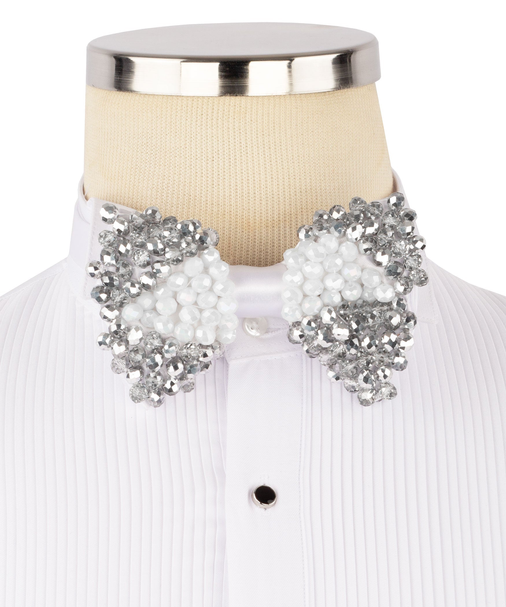 Beaded bow tie with white bead clusters and silver glitter accents