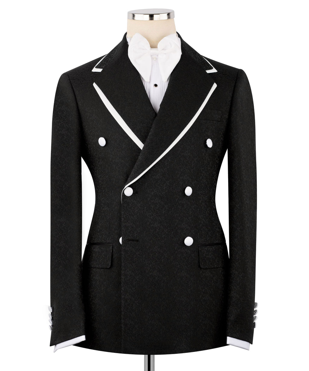 Black double-breasted tuxedo jacket with satin-trim lapels, white shirt, bow tie