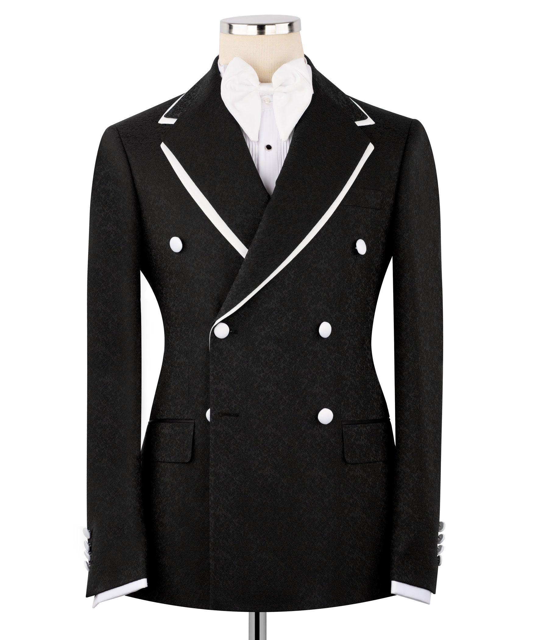 Black double-breasted tuxedo jacket with satin-trim lapels, white shirt, bow tie