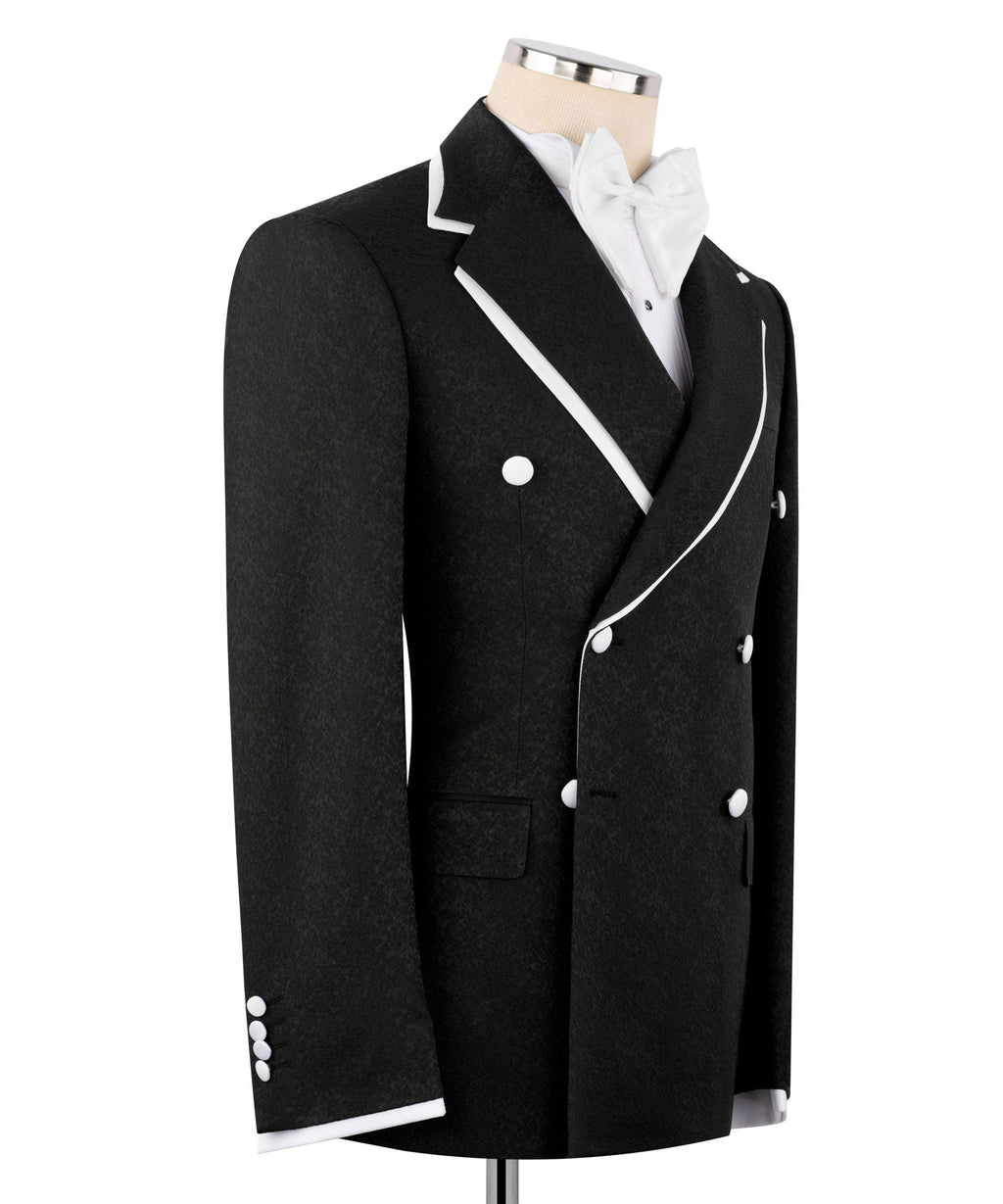Black double-breasted tuxedo jacket, satin piping, front buttons and pocket flaps