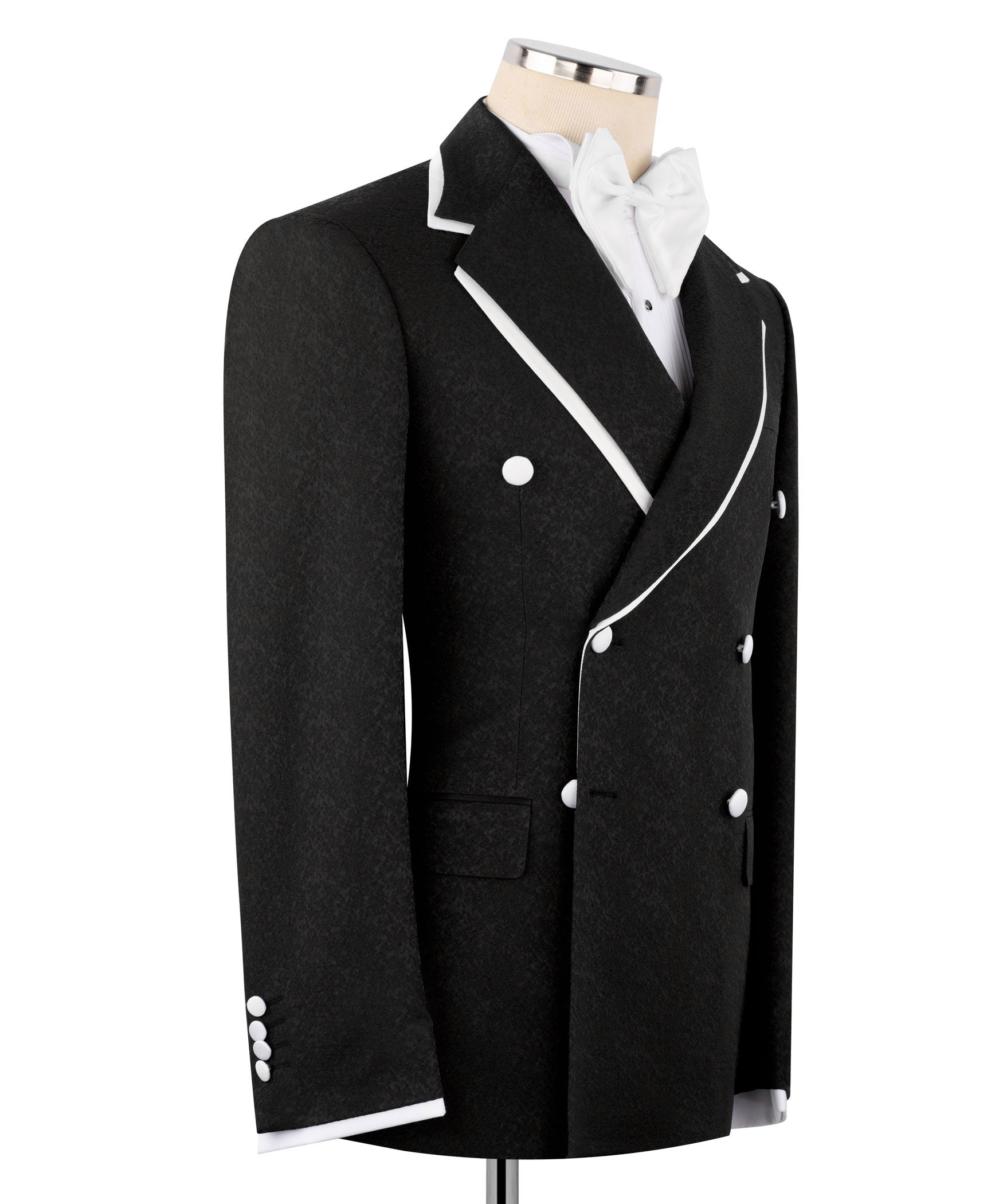 Black double-breasted tuxedo jacket, satin piping, front buttons and pocket flaps