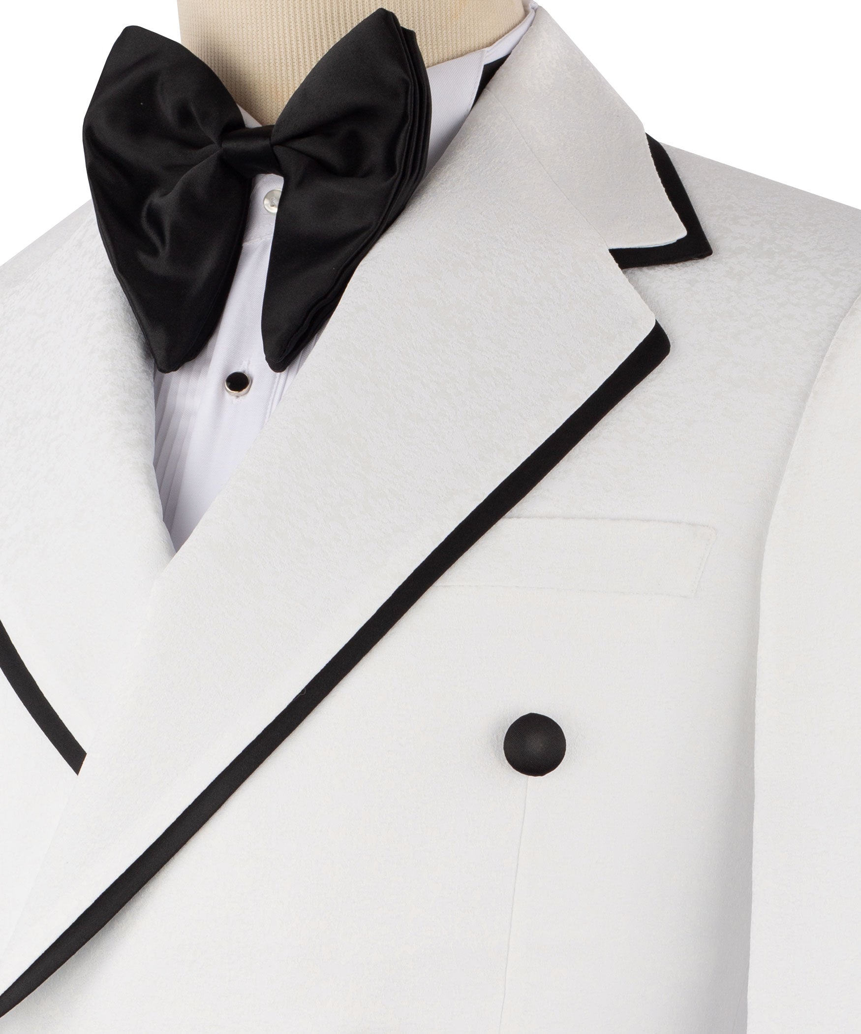 Close-up: white tuxedo lapel with black trim, black bow tie and front button