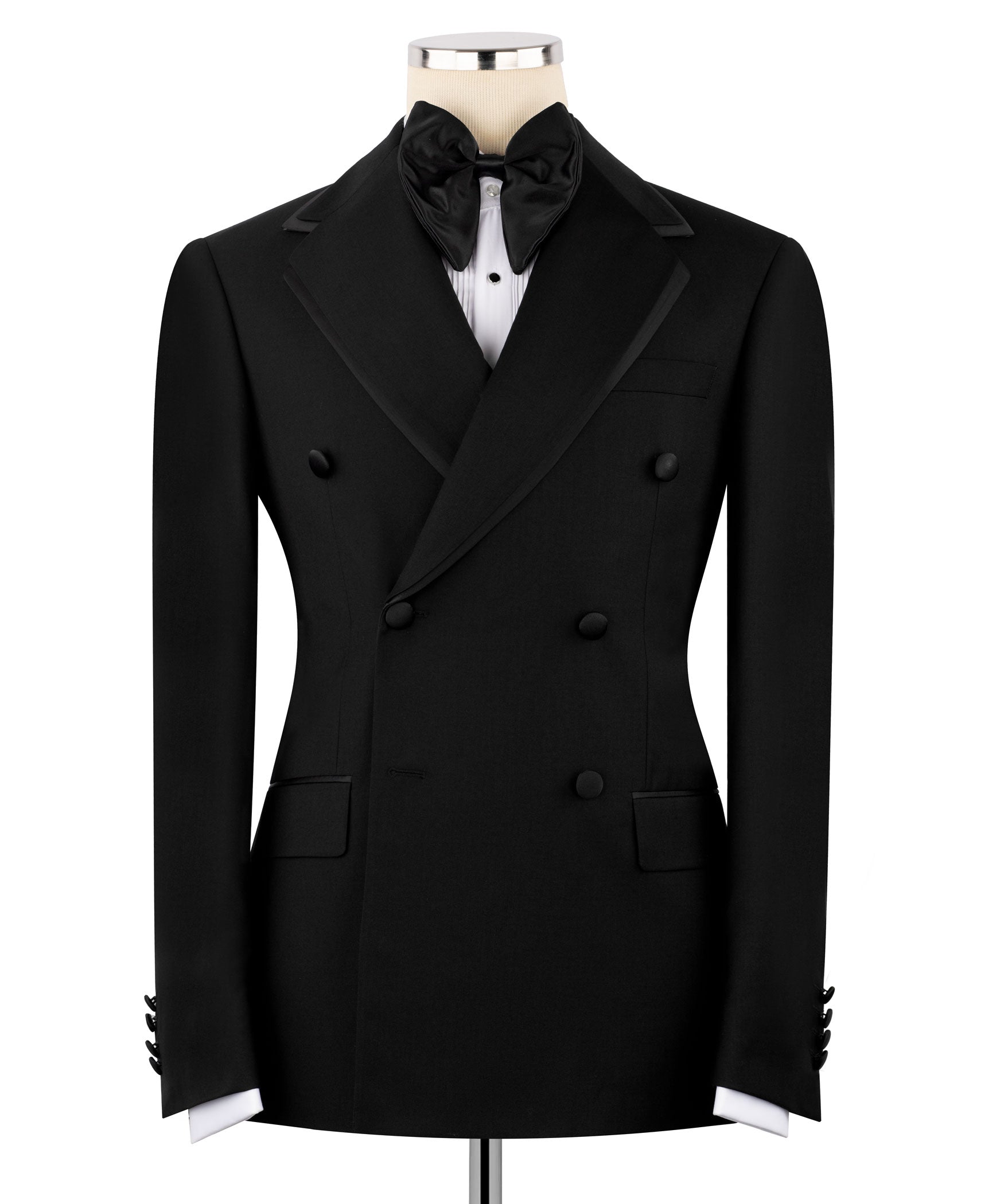Black double-breasted tuxedo jacket with satin lapels and bow tie