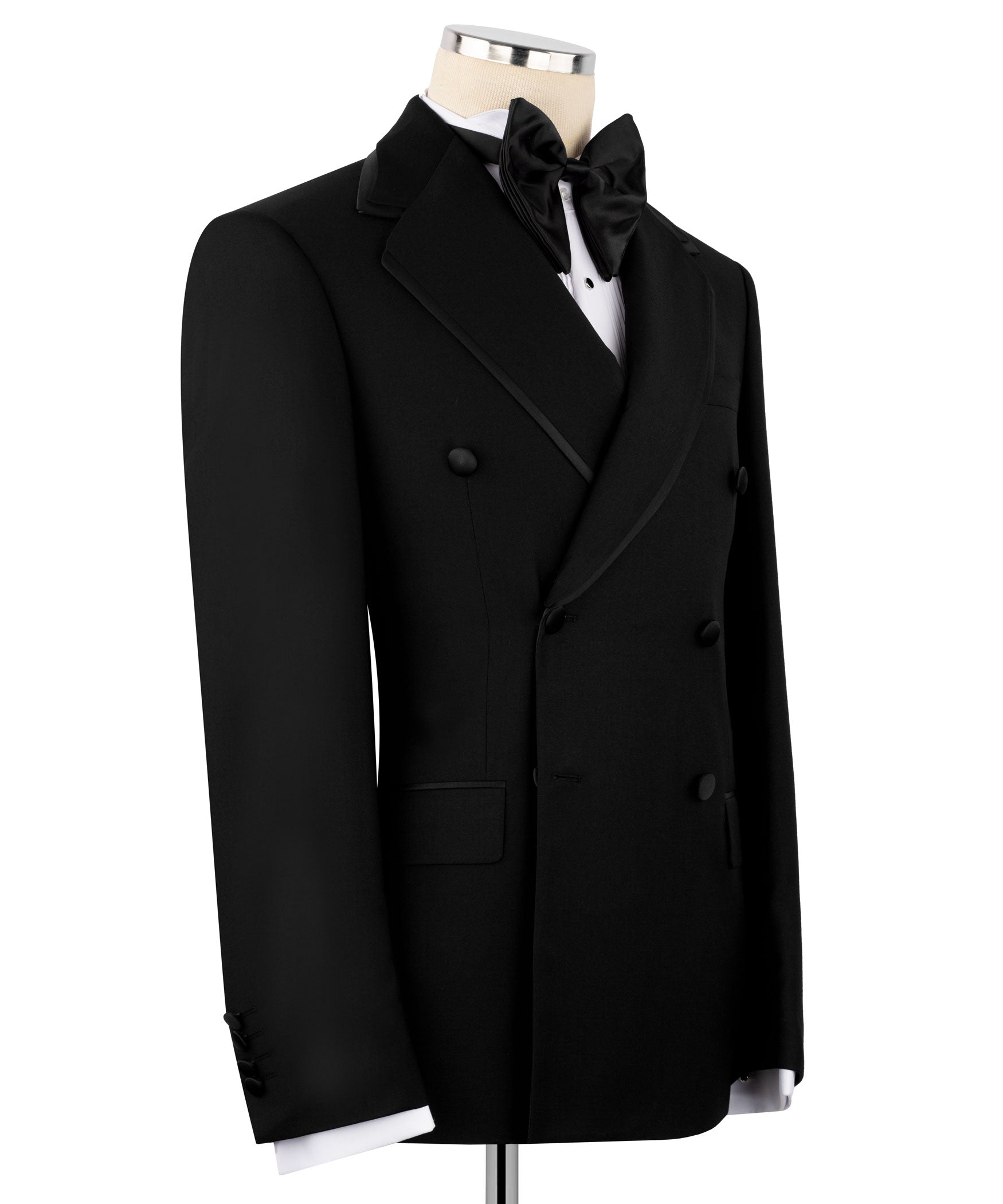 Black tuxedo coat front view with double-breasted buttons and satin bow tie