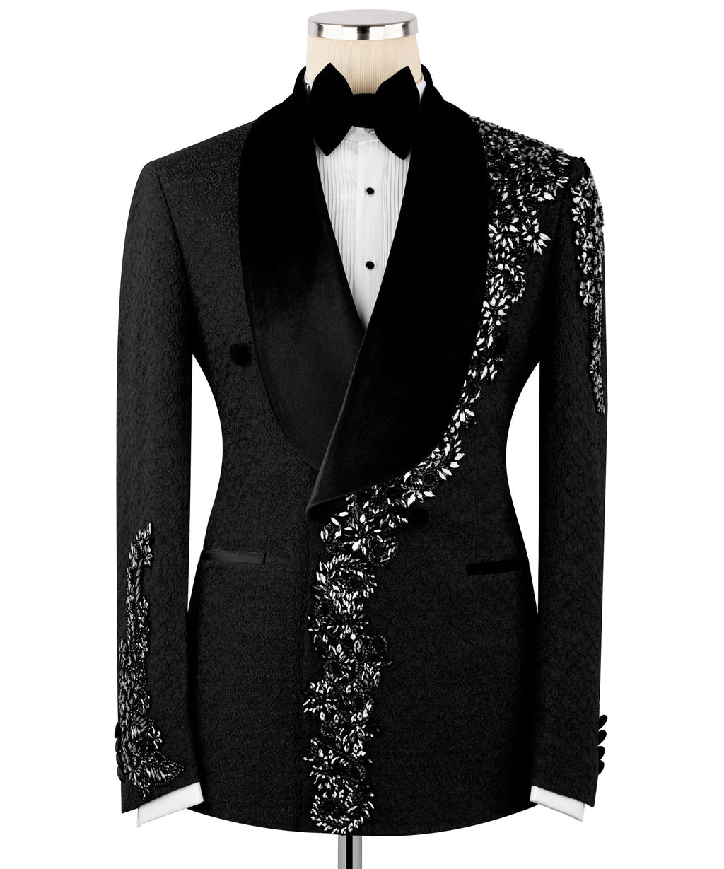 Black tuxedo jacket with velvet collar, bow tie, and silver stone floral embroidery