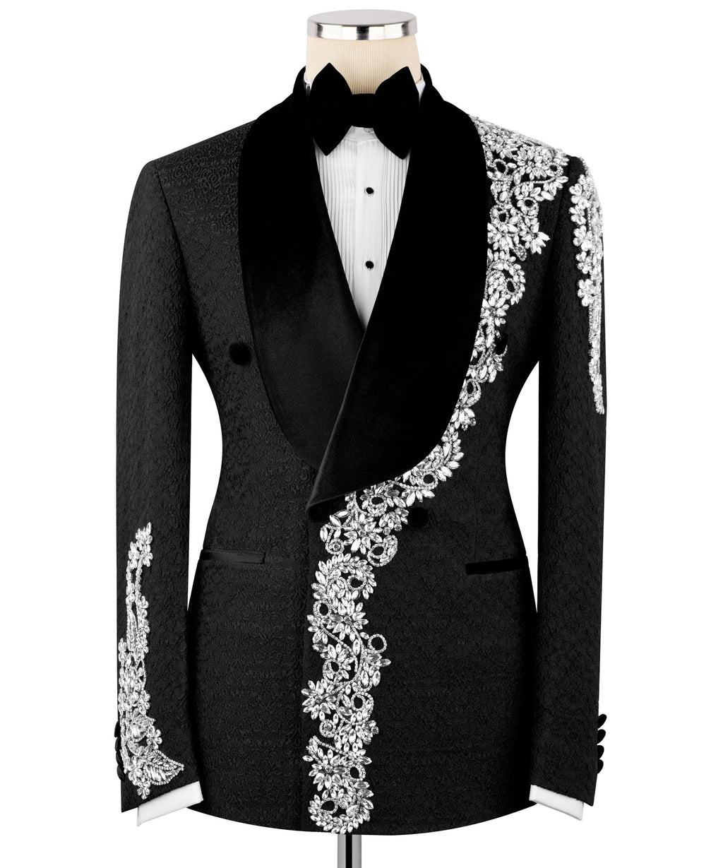 Black tuxedo two-piece with velvet collar and jeweled floral trim, bow tie