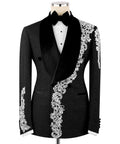 Black tuxedo two-piece with velvet collar and jeweled floral trim, bow tie
