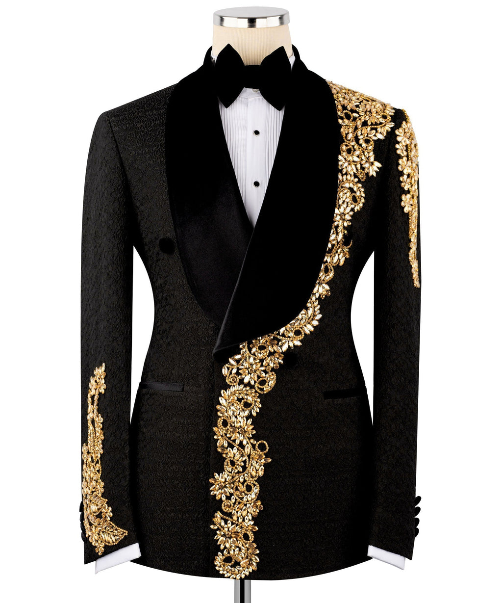 Black velvet tuxedo set with gold embroidered lapels and bow tie