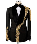 Black velvet tuxedo set with gold embroidered lapels and bow tie
