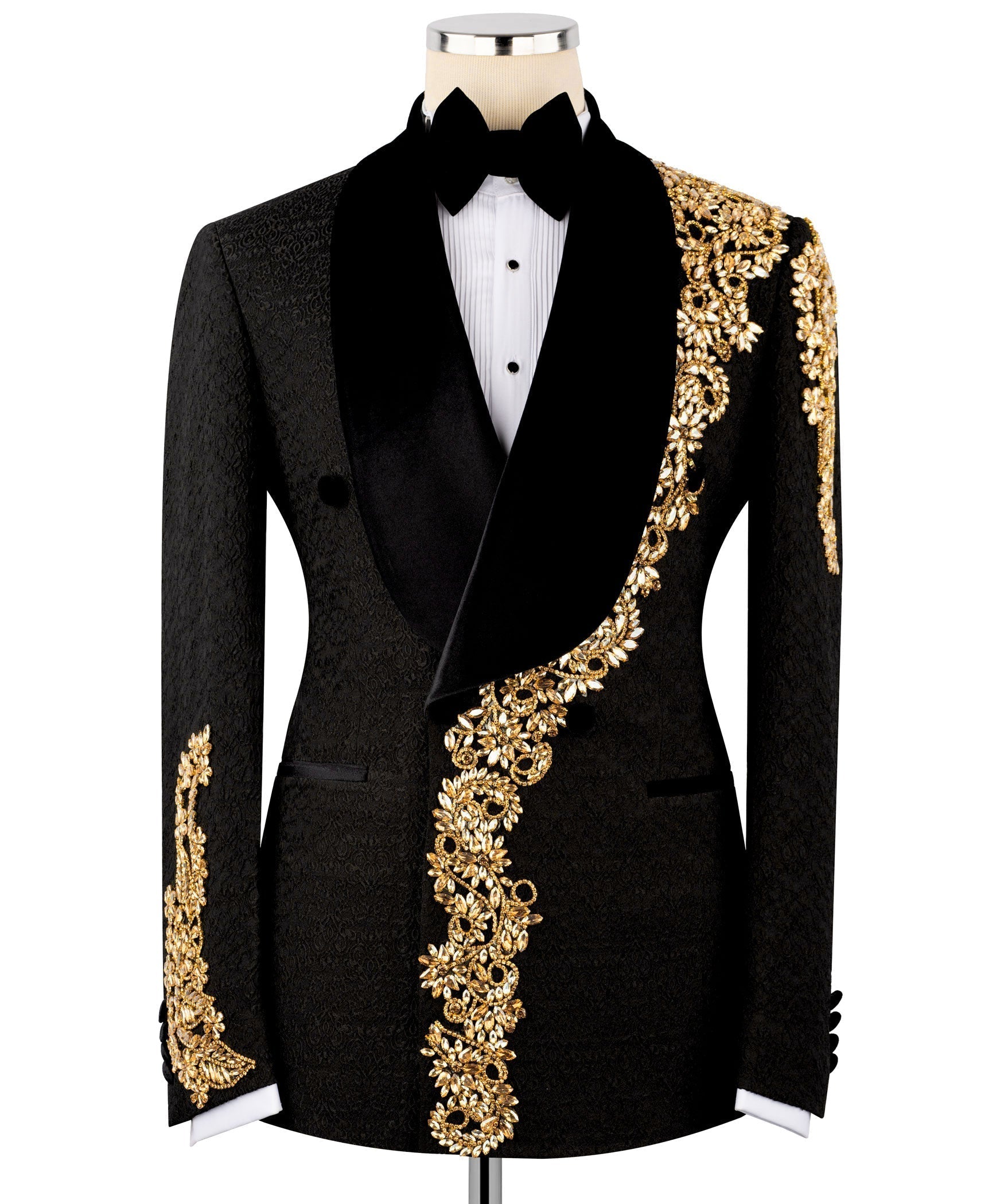 Black velvet tuxedo set with gold embroidered lapels and bow tie