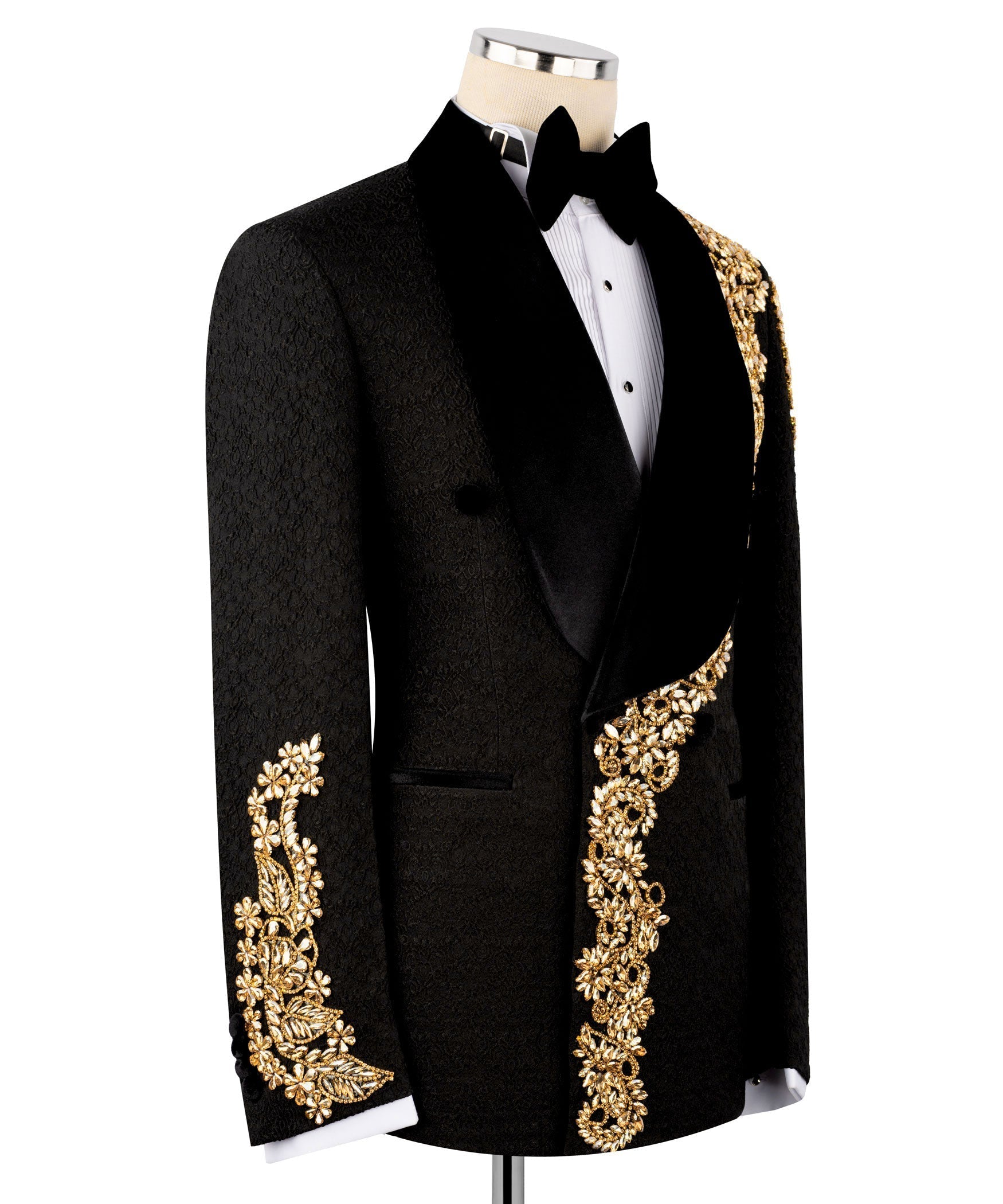 Black velvet tuxedo jacket with gold embroidered trim on shoulder and front flap