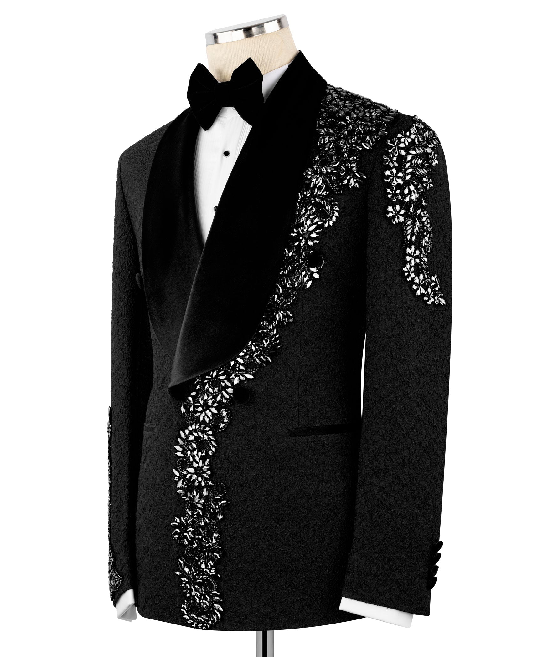 Black tuxedo jacket with draped velvet shawl lapel and silver stone embroidery panel