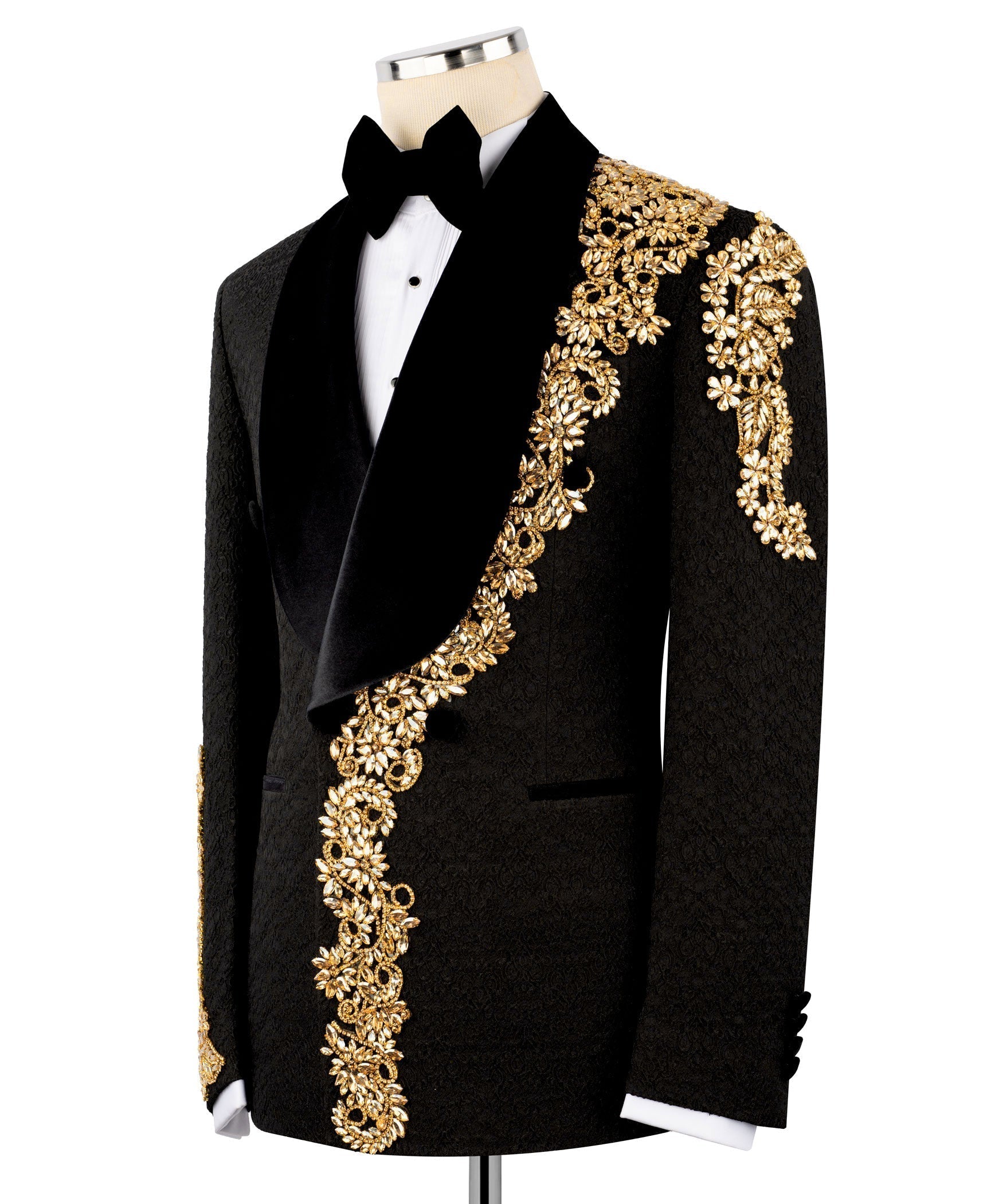 Black velvet tuxedo jacket with gold embroidered side panel and buttoned vest front
