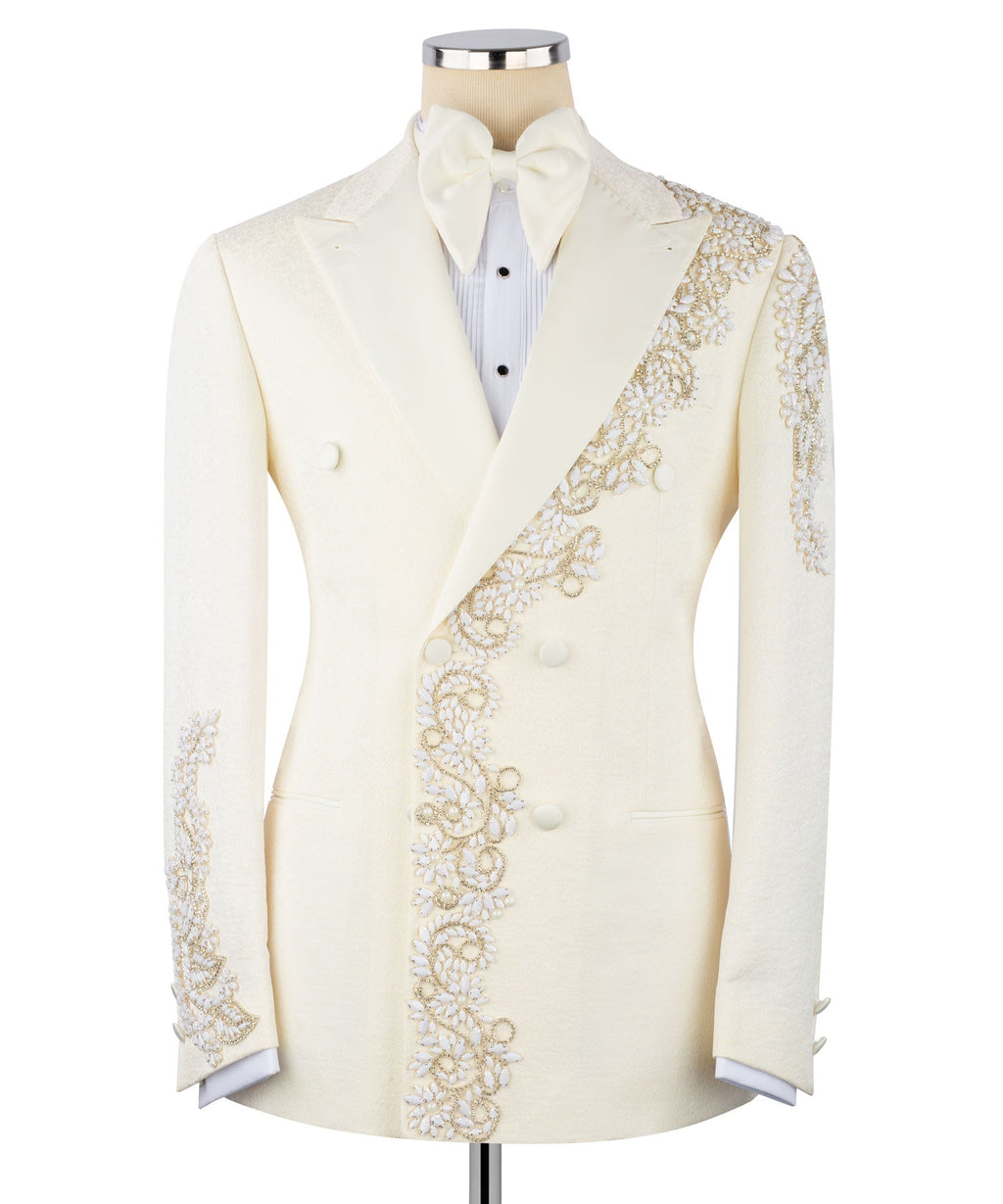 Ivory tuxedo jacket with bow tie, stone-embroidered floral trim on lapel and sleeves