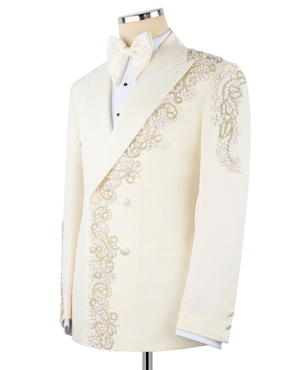 Ivory tuxedo jacket with stone-embroidered shoulder and chest panel, bow at collar