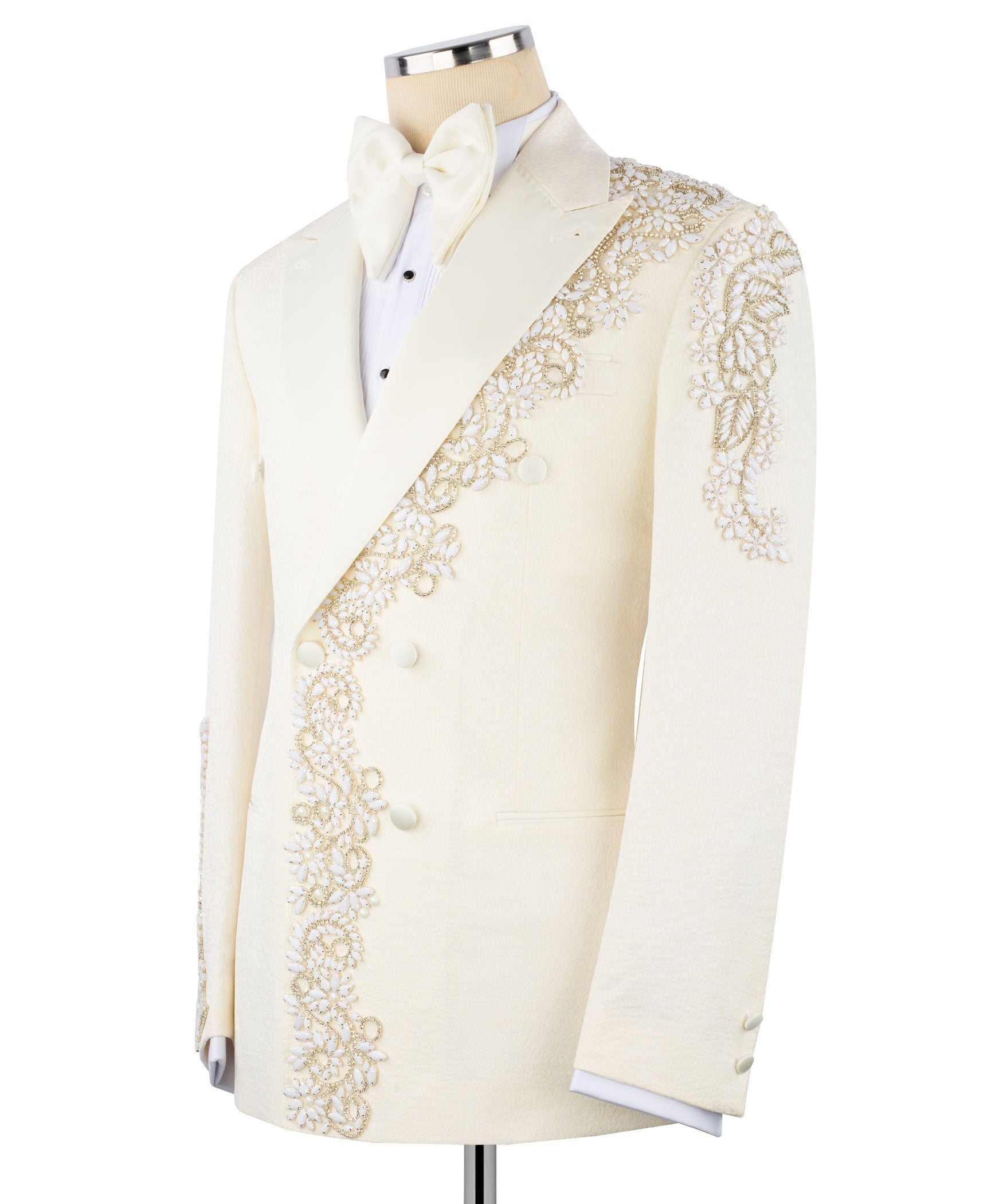 Ivory tuxedo jacket with stone-embroidered shoulder and chest panel, bow at collar