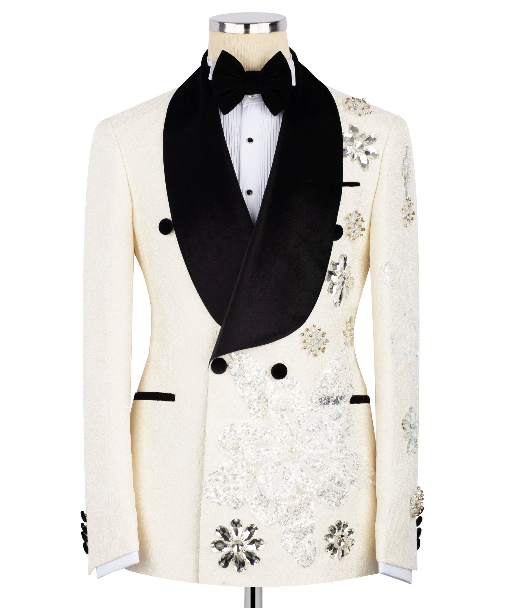 Ivory tuxedo jacket with black velvet lapels, bow tie, and silver jeweled floral embroidery