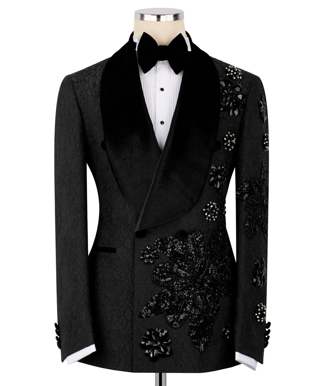 Black hand-embroidered tuxedo jacket with bow tie and stone floral embellishments