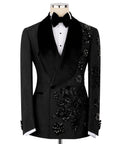 Black hand-embroidered tuxedo jacket with bow tie and stone floral embellishments
