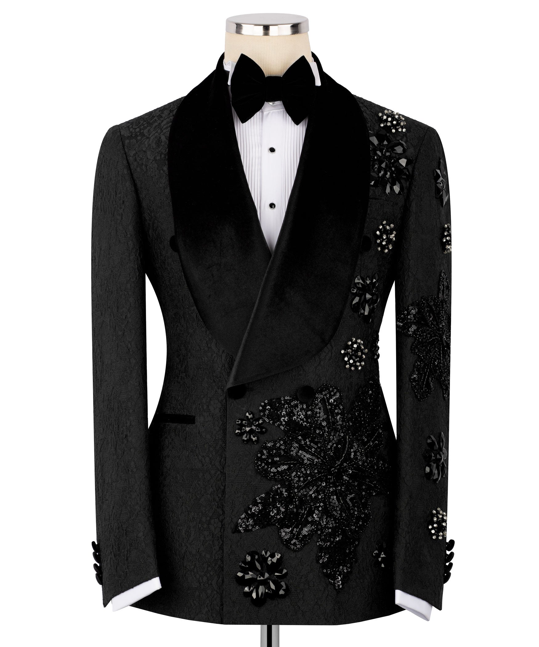 Black hand-embroidered tuxedo jacket with bow tie and stone floral embellishments