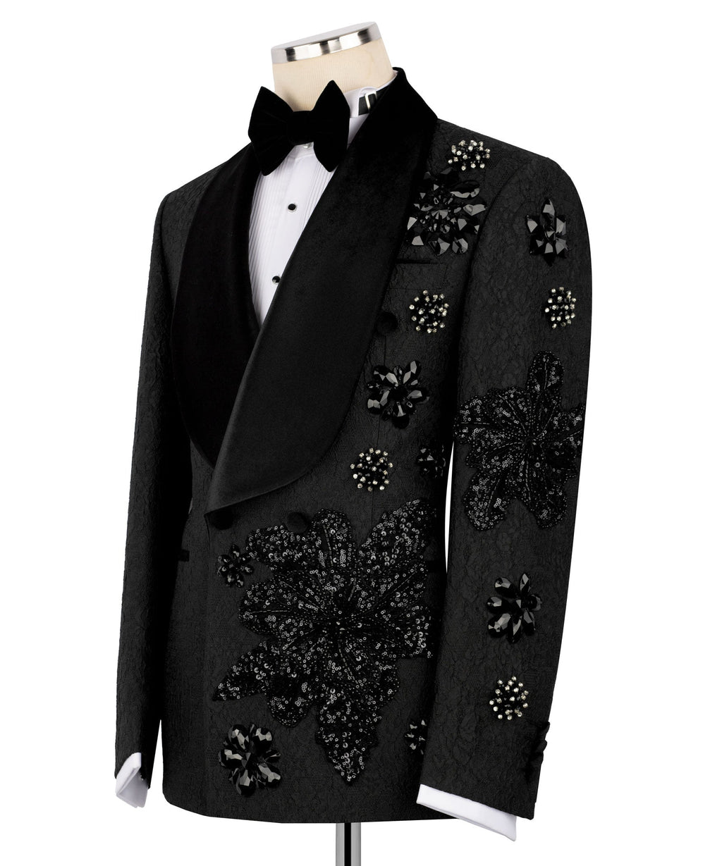 Black tuxedo jacket and vest set with scattered rhinestone flower details on lapel