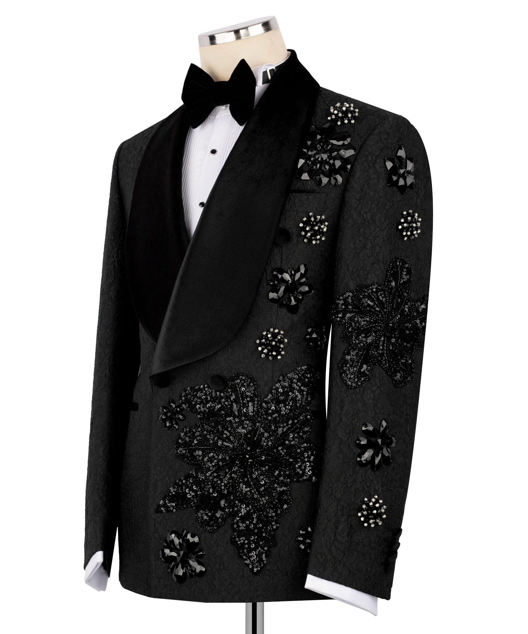 Black tuxedo jacket and vest set with scattered rhinestone flower details on lapel