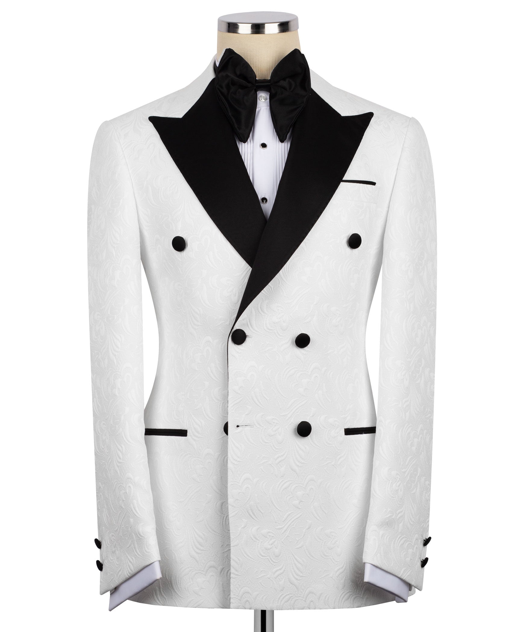 White double-breasted tuxedo jacket with black satin lapels and bow tie