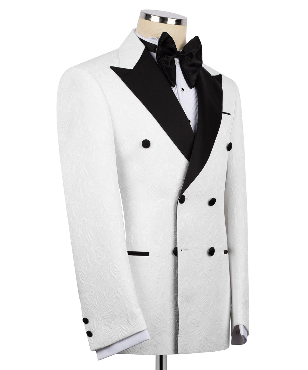 White textured tuxedo jacket with double-breasted buttons and black pocket trim