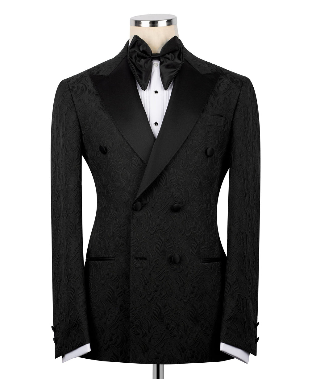 Black double-breasted tuxedo jacket with satin bow tie and patterned lapels