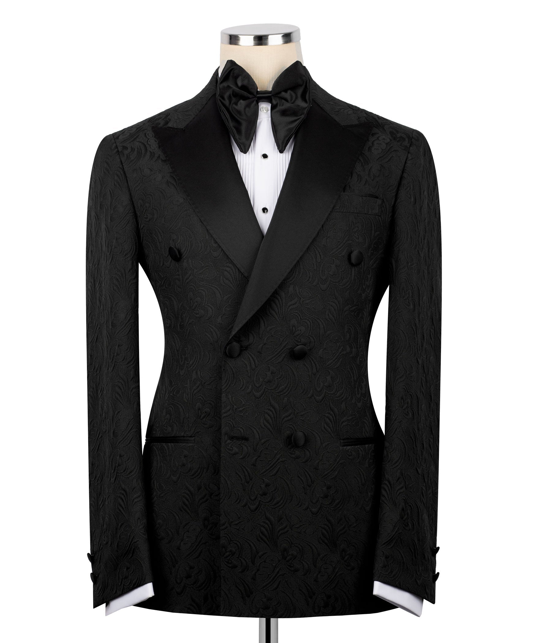 Black double-breasted tuxedo jacket with satin bow tie and patterned lapels